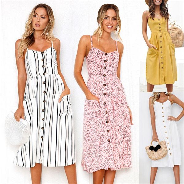 

2020 fashion women summer dress casual black white elegant midi sundress sleeveless spaghetti strap backless button dresses, Black;gray