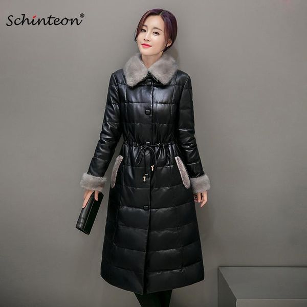 

schinteon women winter leather long jacket with faux down coat warm outwear slim clothing adjustable waist, Black