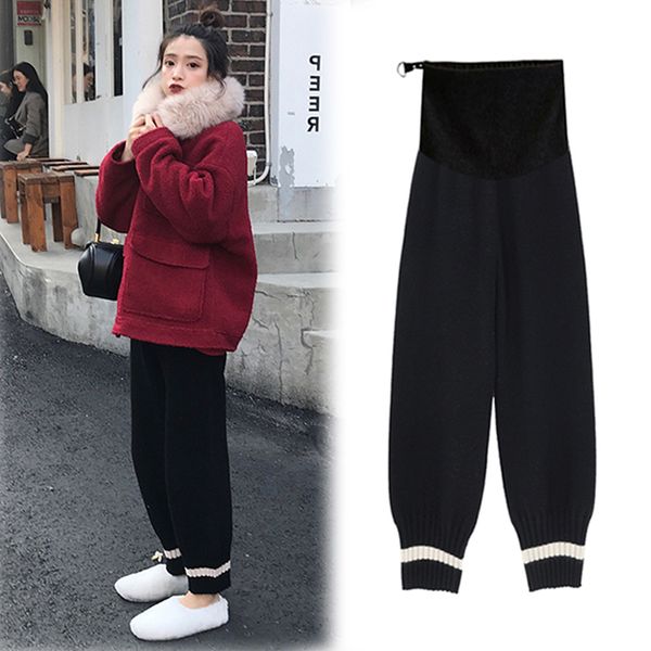 

pregnant women's trousers autumn winter plush thickened hem stitching wide leg loose and large binding feet wear warm pants, White