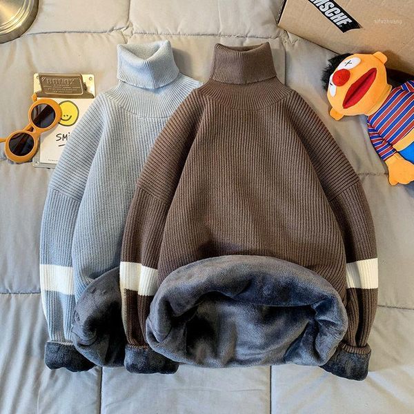 

winter plus velvet turtleneck sweater men's warm fashion casual knit pullover men loose korean knitting sweaters mens clothes1, White;black