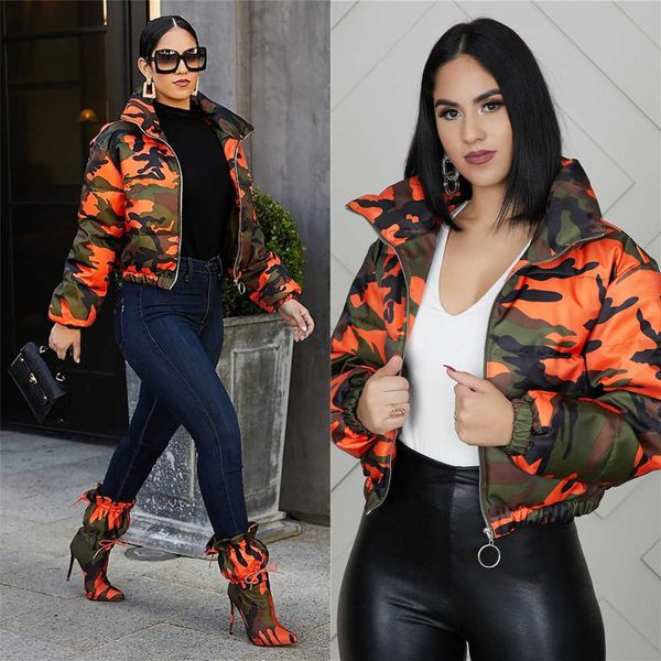 

winter women short parkas high collar full sleeve zipper camouflage print coat high street outer night club jacket 201016, Black