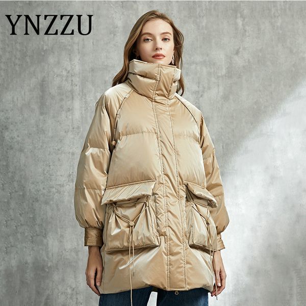 

ynzzu brand 2021 winter korean style women's jacket casual stand collar 90% white goose down coat snow outwears a1717, Black