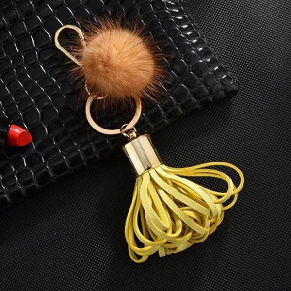 

fashion sweet pu leather tassel keychain with mink fur ball key chain key ring holder creative gifts for women bag jewelry h qylkng