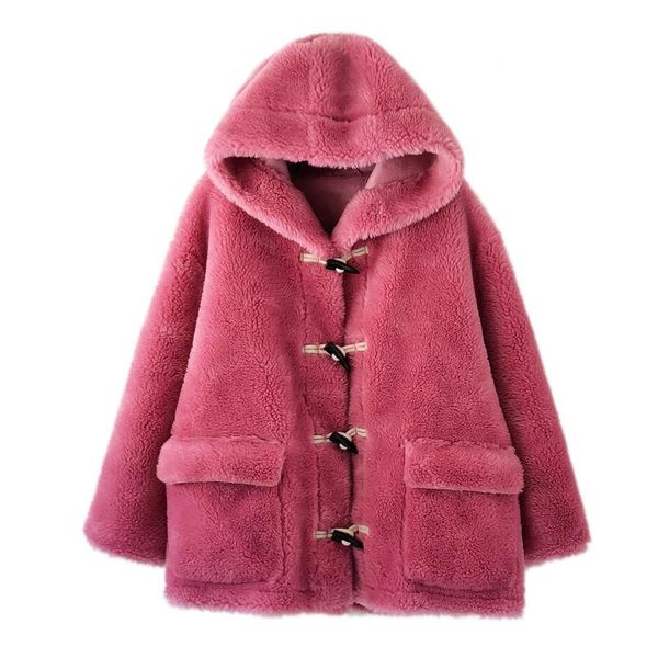 

dreamlike grain sheep sheared fur coat women's hooded ox horn buckle composite fur one wool coat against the season, Black