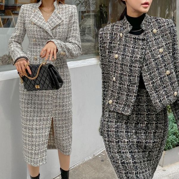 

2021 new korean style winter wool clothes sleeve high-waisted jacket a-line split feminine skirt set of two pieces gpcv, Black;white