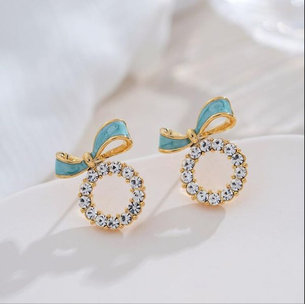 

2020 the new european and korean style simple small fresh blue bow sparkles rhinestone ring small earring 497, Golden;silver