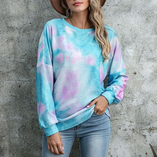 

gradient tie-dye t-shirt women casual tee colorful printed long sleeve o neck t shirt pullover streetwear koszulka damska, White