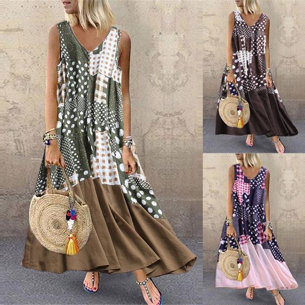 

bohemian maxi long dress 2021 summer women party sundress sleeveless pockets vestidos vintage print patchwork robe femme, Black;gray
