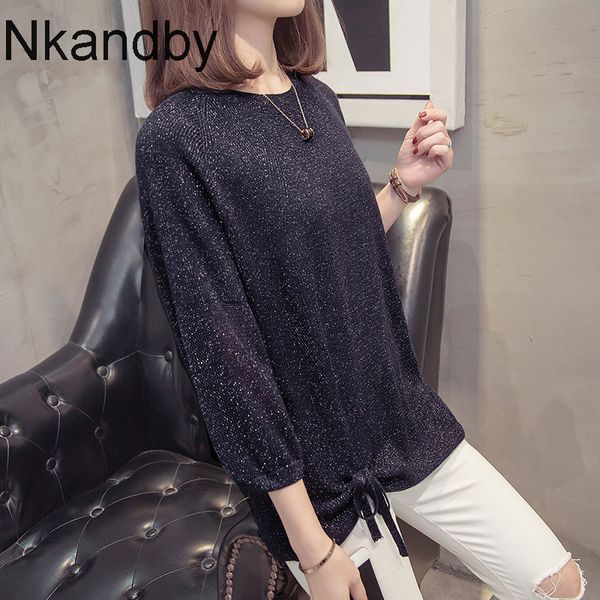

plus size bright silk knitted sweaters women 2020 autumn winter fashion korean loose lace up pullover jumpers oversize knitwear lj201114, White;black