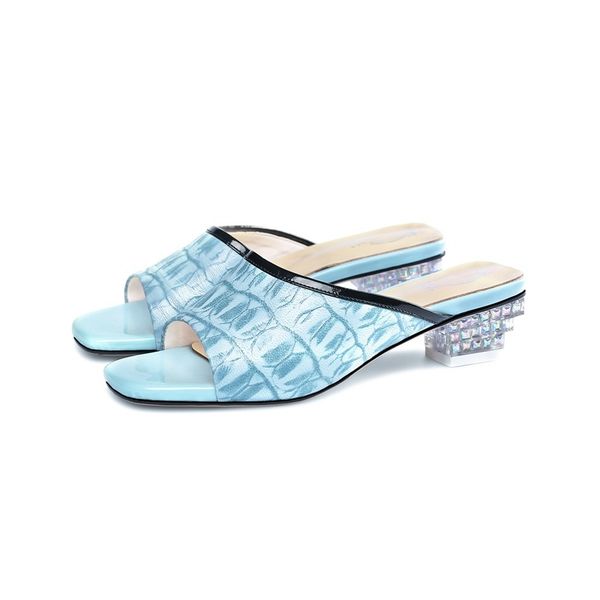 

2021 new female sandals genuine leather blue open heels black woman shoes 3eir