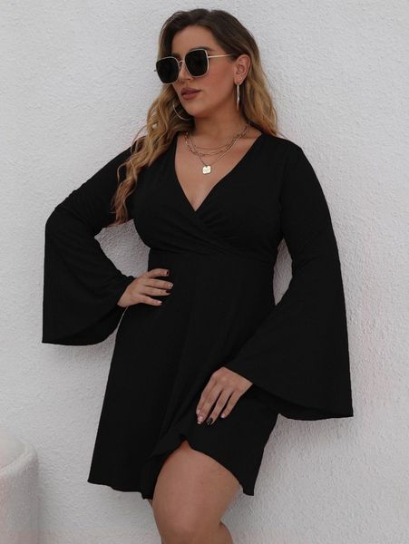 

plus deep v-neck surplice front flounce sleeve dress p4ay#, Black