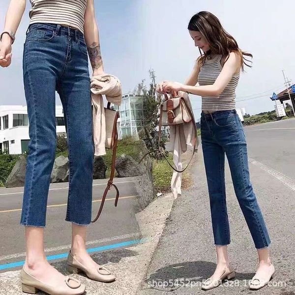 

straight tube jeans women's loose 8-point slim autumn 2020 high waist stretch light blue capris