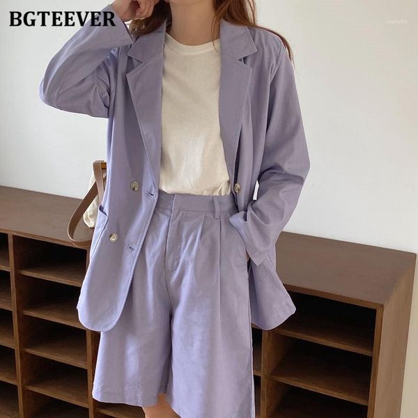 

bgteever vintage purple women shorts suits long sleeve suit jacket & half shorts female 2 pieces set pants suit 2020 summer1, White;black