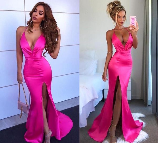 

2021 fuchsia prom dresses sheath deep v neck split front long formal evening party gowns spaghetti straps satin dress, Black
