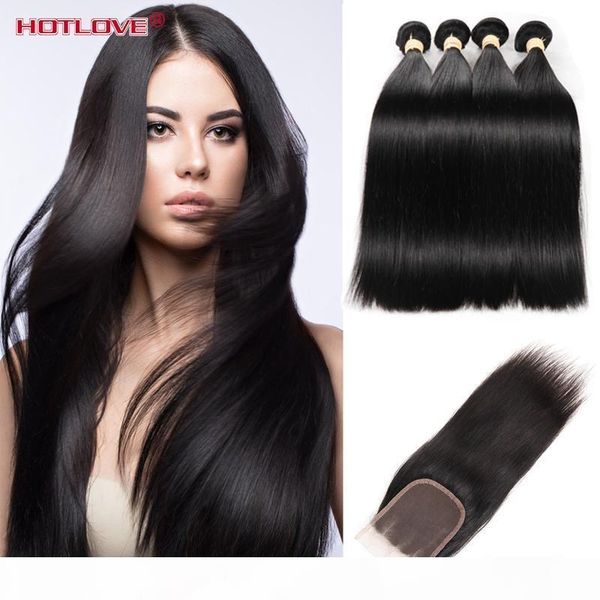 

ove hair brazilian virgin human straight wave 4 bundles with closure 4x4 natural black unprocessed remy straight hair, Black;brown