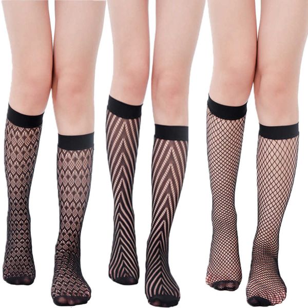 

women lace mesh jacquard hollow out mid tube knee high stockings fishnet hose hosiery, Black;white