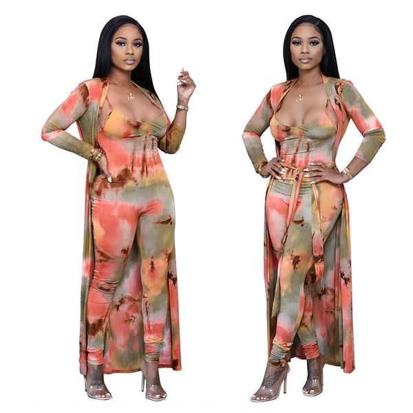 

designer's two piece suits tie dye print suspender jumpsuit long cape fashion casual women's clothing sale, White