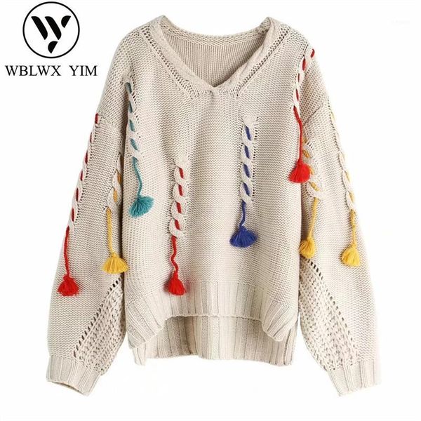 

v-neck knitting sweater women 2020 fashion tassel long sleeve loose knit pullover autumn new sweaters female1, White;black