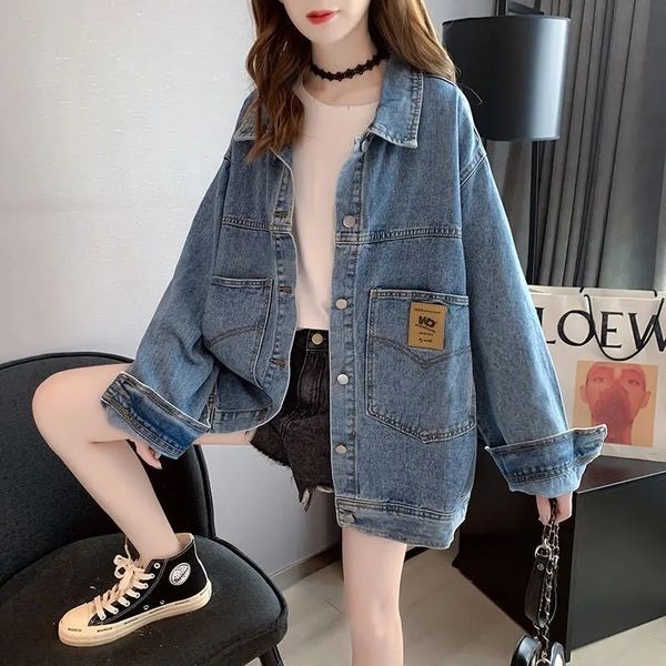 

classic baggy spring jecket for woman streetwear boyfriend jean woman's big-pocket korean denim outerwear, Blue