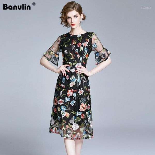

banulin fashion designer runway dress 2020 summer women's o-neck short sleeve gorgeous black mesh floral embroidery dress1, Black;gray