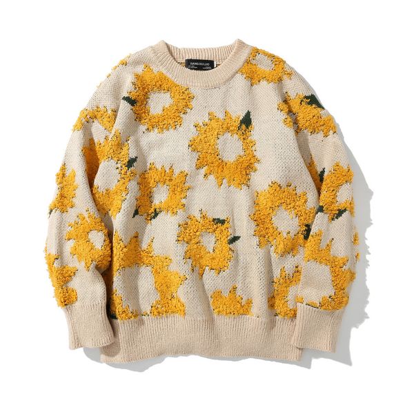 

sunflower jacquard sweater men's harajuku fashion brand sweater street trend loose pullover, White;black