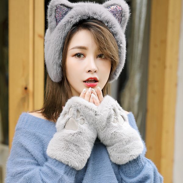 

gloves female winter student cute plush open korean big cat paw thickened warm cycling fur like half finger