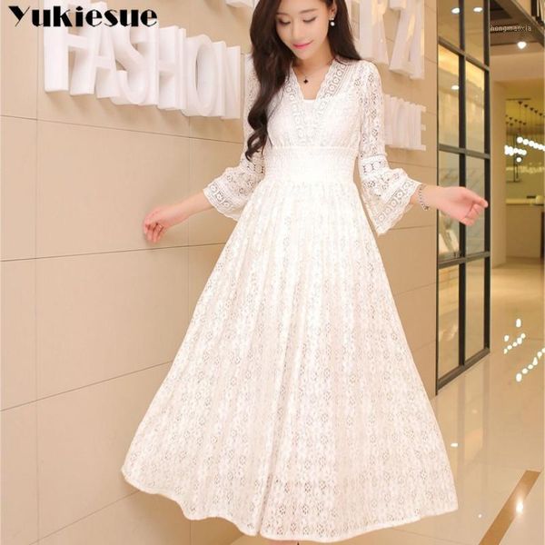 

autumn summer dress women 2020 elegant hollow out white lace dress vintage flare sleeve long a-line party dresses female1, Black;gray