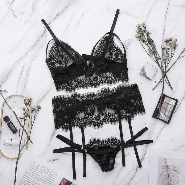 

3pc fashion erotic sets lace patchwork lingerie underwear g-string bra set women garter brief sets#w, Black;white