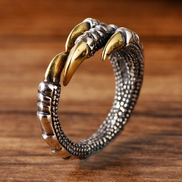 

cluster rings genuine solid 925 silver vintage dragon claw for men adjustable sterling anello uomo jewelry, Golden;silver