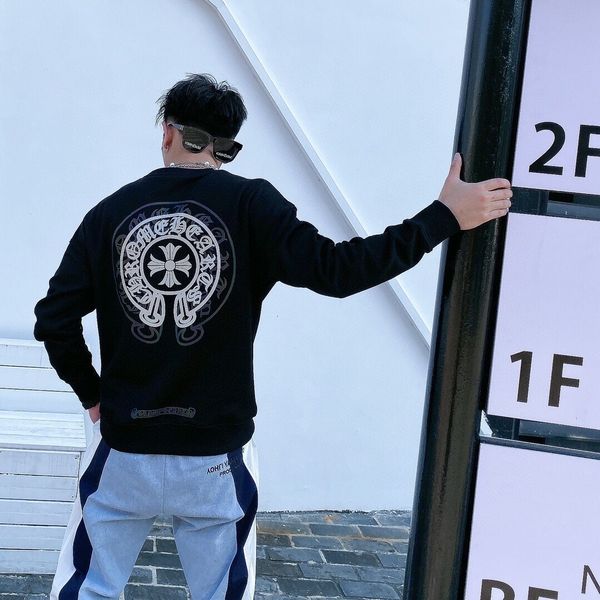 

autumn winter crosin sanskrit cross reflective printing long sleeve pullover loose casual sweater men's and women's coat, White