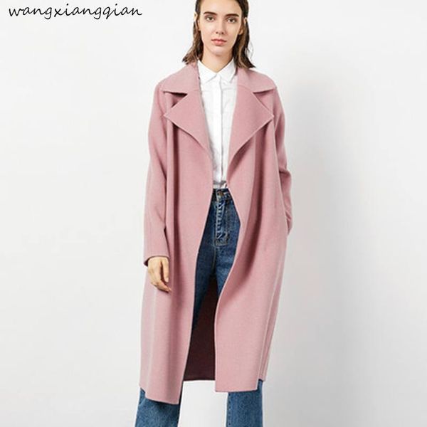 

double-faced woolen coat women long solid color pink woolen coat winter women's long-sleeved suit collar female b1881, Black