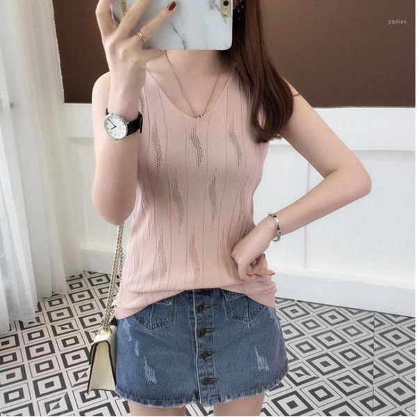 

fashion knitted camisole 2020 summer new ice silk v-neck leaf hollow knitted camisole women's comfortable sleeveless 1, White