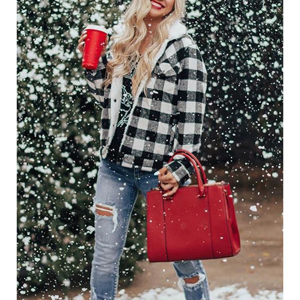 

elegant casual womens loose button sherpa velo lined shirt plaid jacket lthleisure girl thick zxko, Black;brown