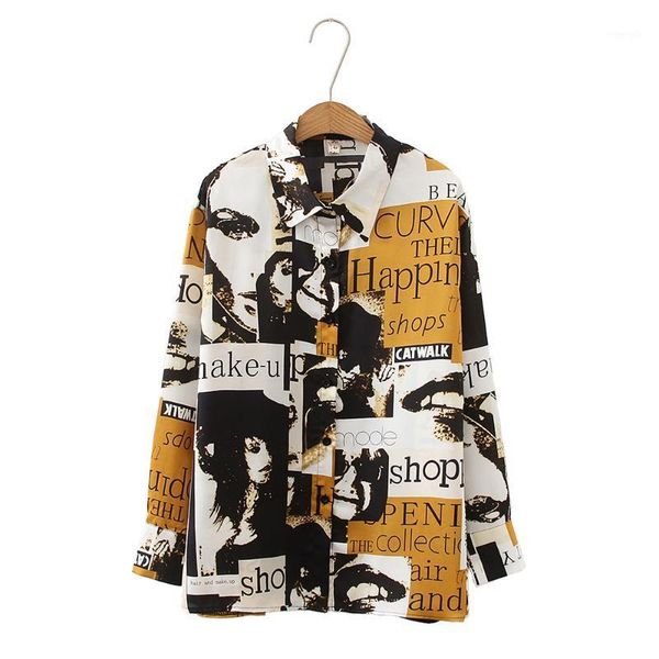 

2020 woman cartoon portrait print long-sleeved blouse1, White