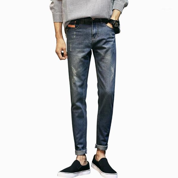 

men's self-cultivation bound feet pants youth leisure man holes trousers trend men's casual jeans slim feet pants1, Blue