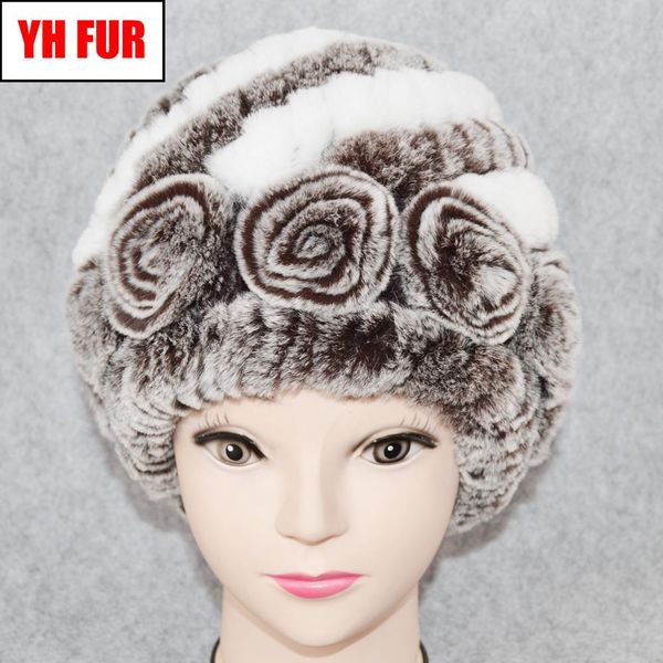 

новые женщины 100 подлинной вязаный rex кролика меховой шляпы зимой вязаный цветок крышка женщин настоящий рекс кролики меховые шапки шляпы