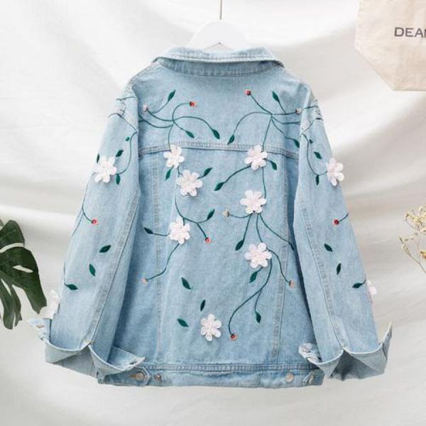 

autumn plus size womens fashion flower embroidery denim jackets 2019 new streetwear females trend single row buckle loose coats1, Black;brown