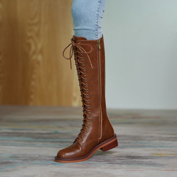 

2021 new cow leather quality knee high lace up zipper winter shoes round toe all match women long boots size 34-39 2kqy, Black