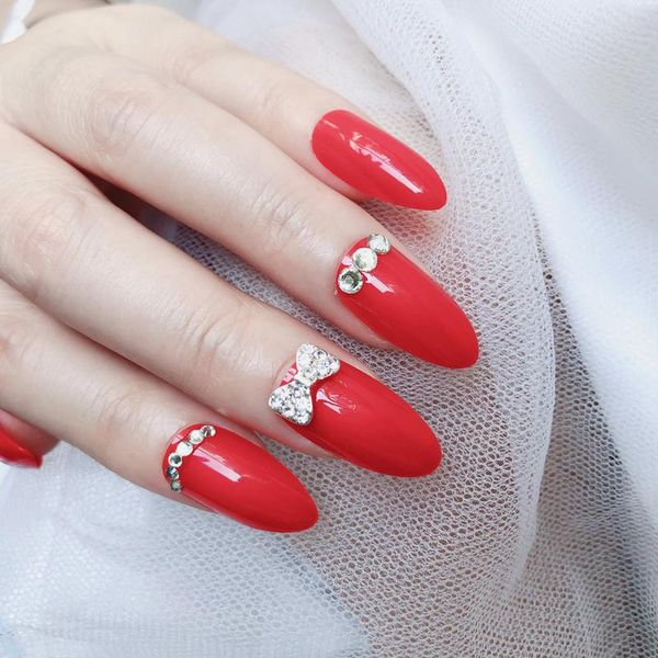 

custom lady style red fake nails medium high heel according to nail luster artificial rhinestone bow false nails set of 24 pcs, Red;gold