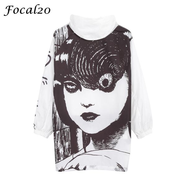 FOCAL20 Streetwear Junji ITou Manga Print Beversize Женщины с капюшоном Куртка Аниме Hoodie Pullover Куртка Пальто на улице Streetwearth 201023