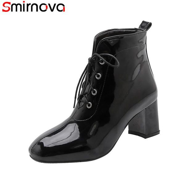

boots smirnova arrival 2021 winter autumn female ankle casual shoes round toe lace up women high heel, Black