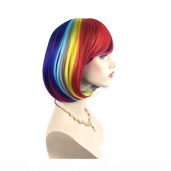 

factory direct colorful rainbow synthetic bob wig heat resistant straight hair middle part cosplay party wigs 12 inches, Black