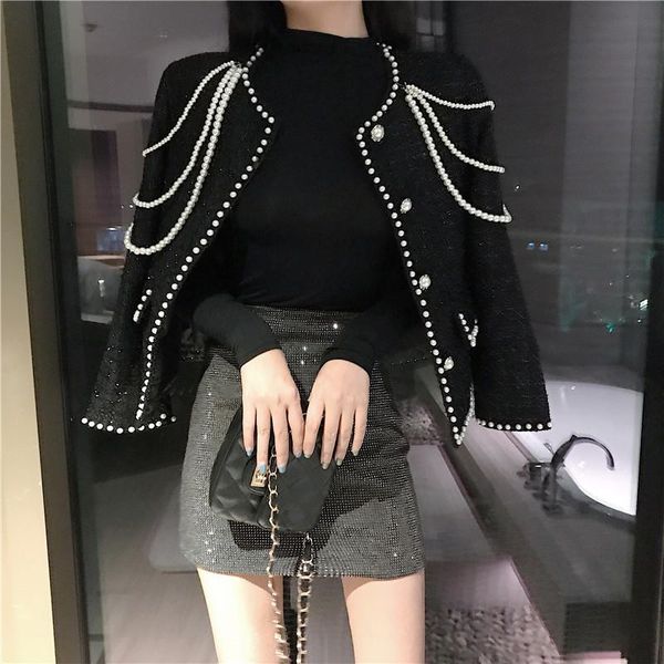 

fashion small fragrance coats female winter korean style single-breasted long sleeved slim tweed beading women cardigan jackets, Black;brown