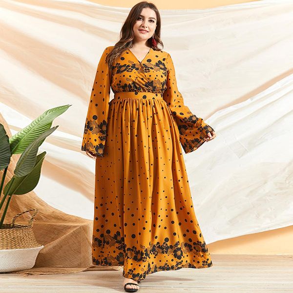 

m-4xl plus size casual dress women summer v neck long sleeve floral print boho beach dress high waist yellow maxi long dresses