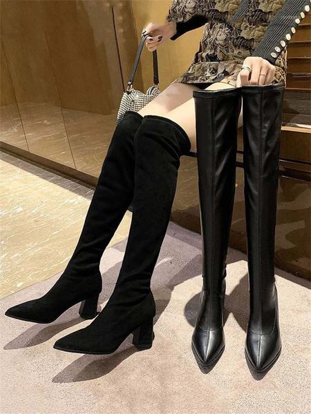 

boots long women over the knee 2021 autumn and winter plus velvet stretch korean style high heel1, Black