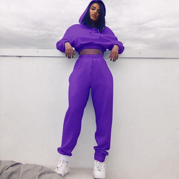 

chronstyle women 2 piece tracksuit outfits autumn 2020 long sleeve solid hooded elastic waist joggers sports running pants1, Gray