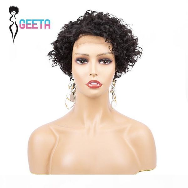 

geeta pixe cut straight lace closure wig 4x4 brazilian short bob lace front human hair wigs 6" remy pxie cur human hair wig, Black;brown