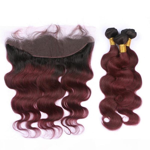 

dark root1b 99j wine red ombre 13x4 full lace frontal with 3bundles body wave brazilian burgundy ombre human hair weaves with lace frontal, Black;brown