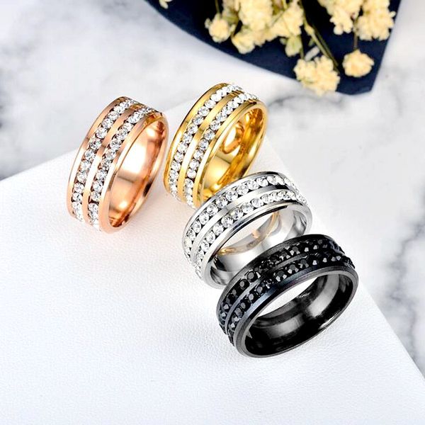 

stainless steel two rows diamond rings black silver gold rose gold band rings men women wedding ring fashion hip hop jewelry kimter-k135fa, Slivery;golden