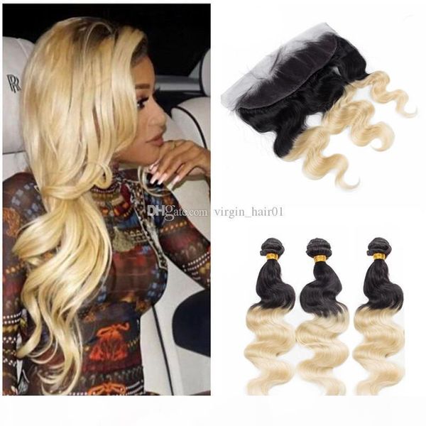 

virgin peruvian 1b 613 two tone body wave human hair weaves with 13*4 full lace frontal closure 1b blonde ombre hair bundles, Black;brown